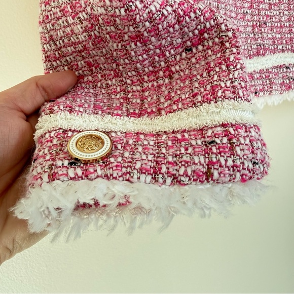 AQUA Women Tweed Blazer Jacket Pink Small Button Fringe Trim Metallic Business - Picture 15 of 16